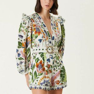 FARM RIO, White Summer Garden Romper, V-Neck, Women sz, XL